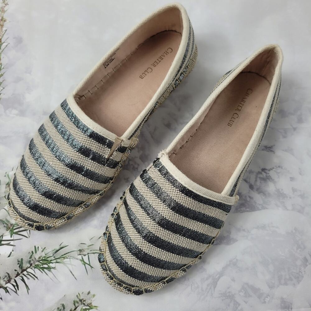 Charter Club Joeey Slip-on Natural & Silver Striped Espadrille Loafer size 8.5M